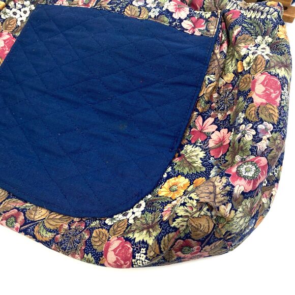 Vintage 80s Quilted Knitting Bag Handbag Purse Floral Wood Handles Pocket Boho - Picture 2 of 10